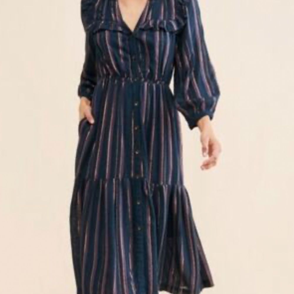 Anthropologie Ruffled Midi Dress with Metallic Detail Size S.